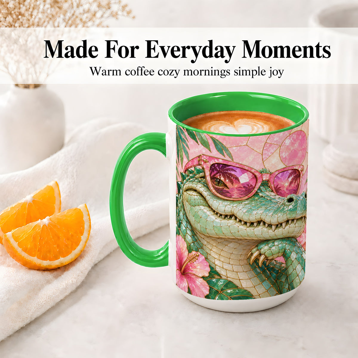#pl[15oz|Green] Sunglasses Alligator Accent Mug, Tropical Ceramic Drinkware