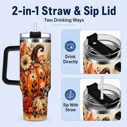 #pl[40oz|Black] Autumn Pumpkin Floral 40oz Tumbler, Stainless Steel Drinkware