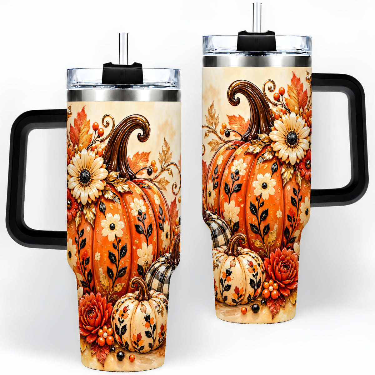 #pl[40oz|Black] Autumn Pumpkin Floral 40oz Tumbler, Stainless Steel Drinkware