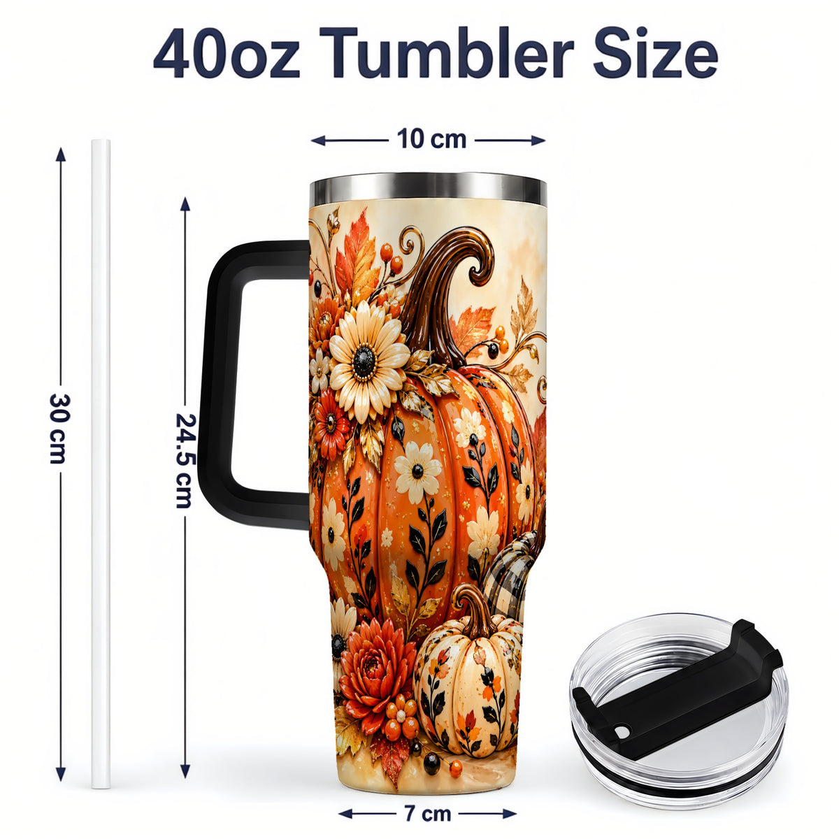 #pl[40oz|Black] Autumn Pumpkin Floral 40oz Tumbler, Stainless Steel Drinkware