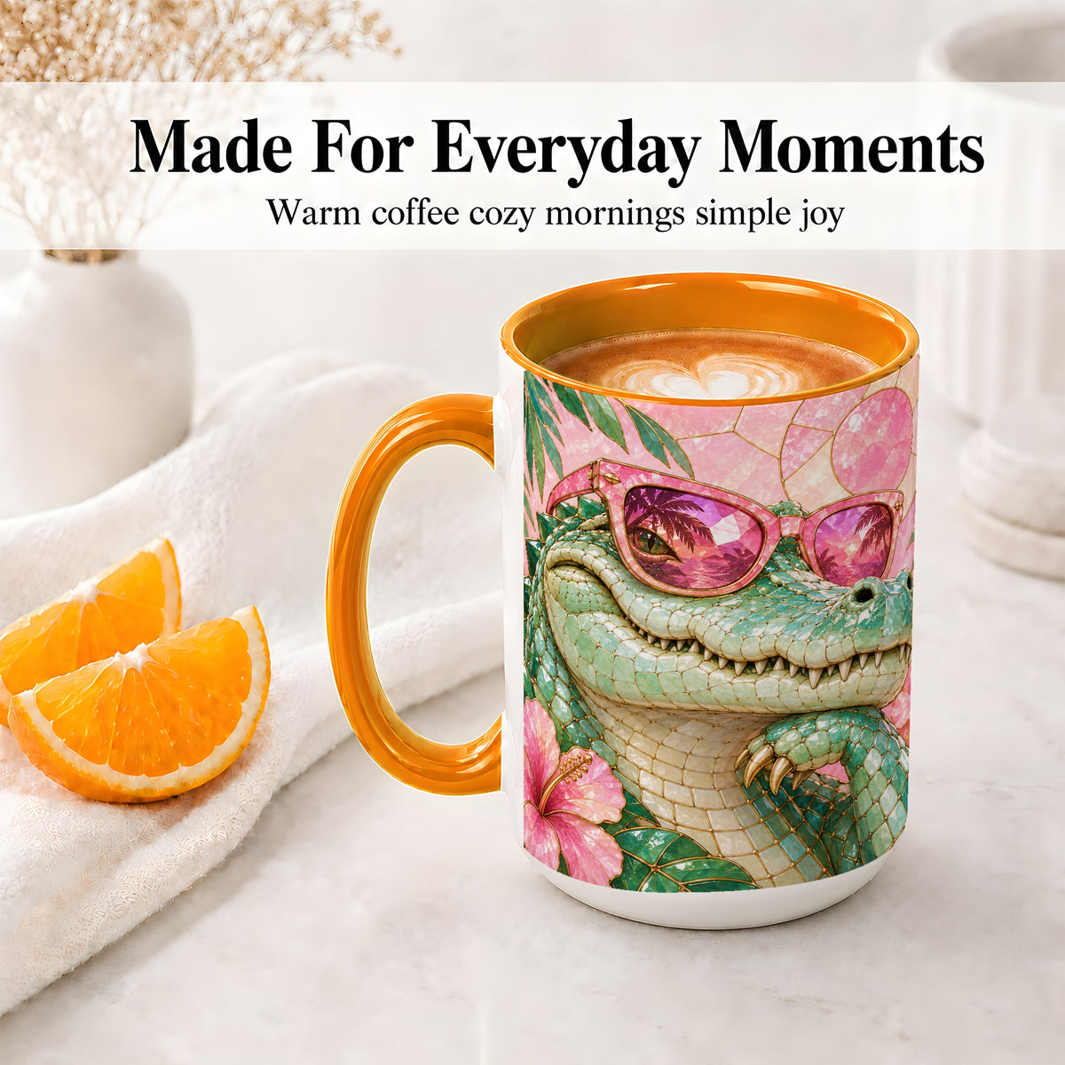 #pl[15oz|Orange] Sunglasses Alligator Accent Mug, Tropical Ceramic Drinkware