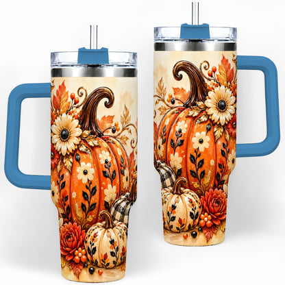 #pl[40oz|Blue] Autumn Pumpkin Floral 40oz Tumbler, Stainless Steel Drinkware
