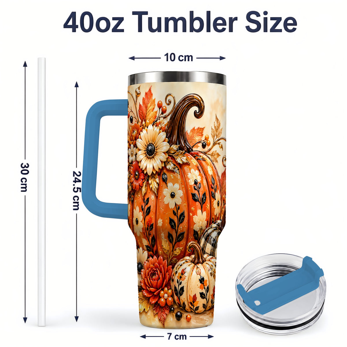 #pl[40oz|Blue] Autumn Pumpkin Floral 40oz Tumbler, Stainless Steel Drinkware