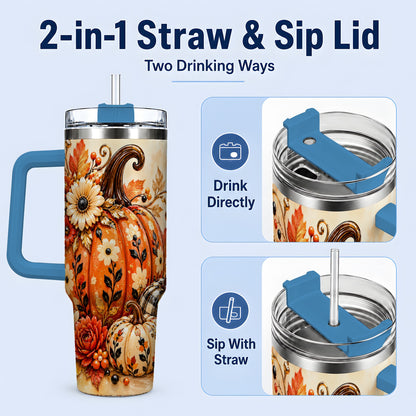 #pl[40oz|Blue] Autumn Pumpkin Floral 40oz Tumbler, Stainless Steel Drinkware