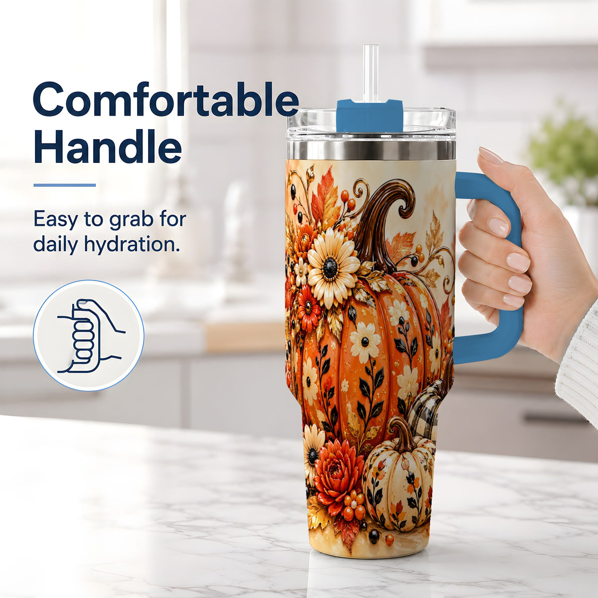 #pl[40oz|Blue] Autumn Pumpkin Floral 40oz Tumbler, Stainless Steel Drinkware