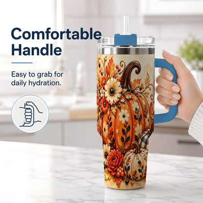 #pl[40oz|Blue] Autumn Pumpkin Floral 40oz Tumbler, Stainless Steel Drinkware