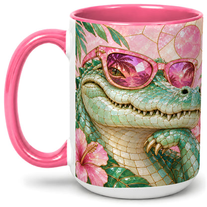 #pl[15oz|Pink] Sunglasses Alligator Accent Mug, Tropical Ceramic Drinkware