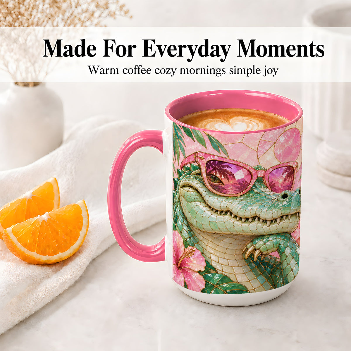 #pl[15oz|Pink] Sunglasses Alligator Accent Mug, Tropical Ceramic Drinkware