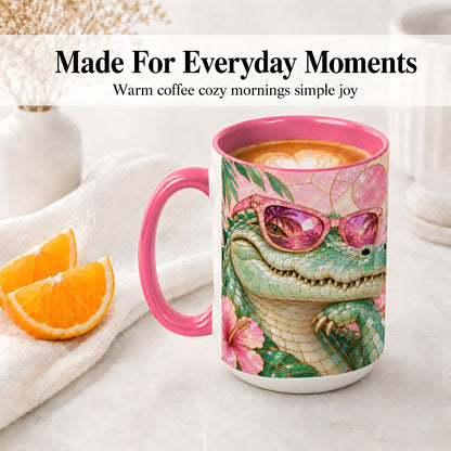 #pl[15oz|Pink] Sunglasses Alligator Accent Mug, Tropical Ceramic Drinkware