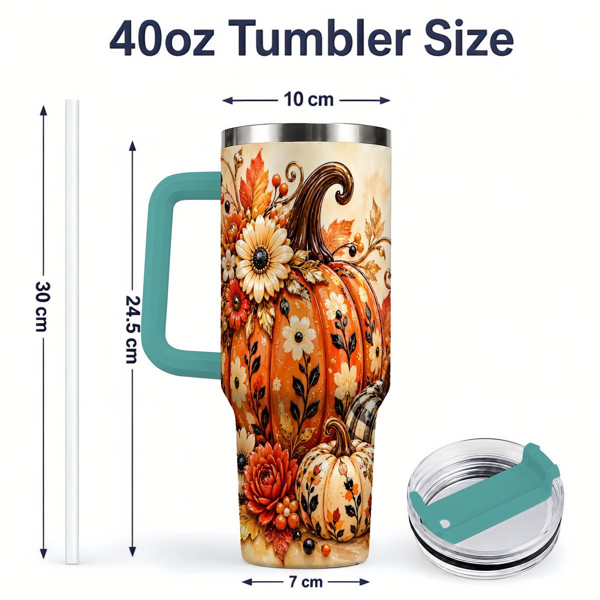 #pl[40oz|Green] Autumn Pumpkin Floral 40oz Tumbler, Stainless Steel Drinkware