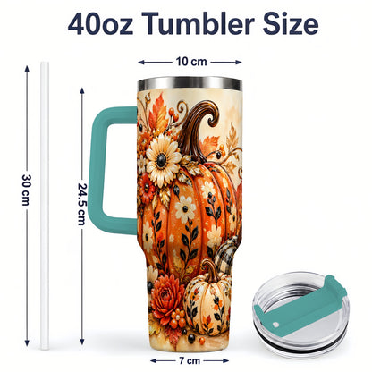 #pl[40oz|Green] Autumn Pumpkin Floral 40oz Tumbler, Stainless Steel Drinkware