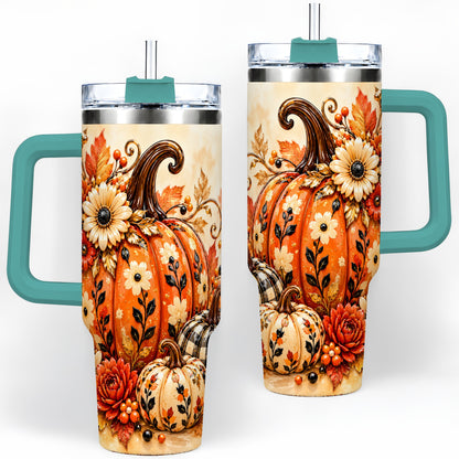 #pl[40oz|Green] Autumn Pumpkin Floral 40oz Tumbler, Stainless Steel Drinkware
