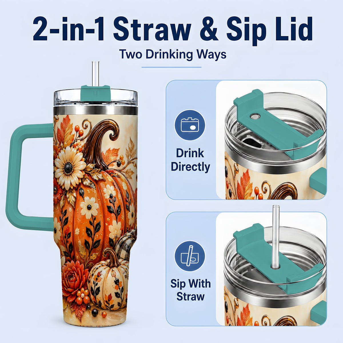 #pl[40oz|Green] Autumn Pumpkin Floral 40oz Tumbler, Stainless Steel Drinkware