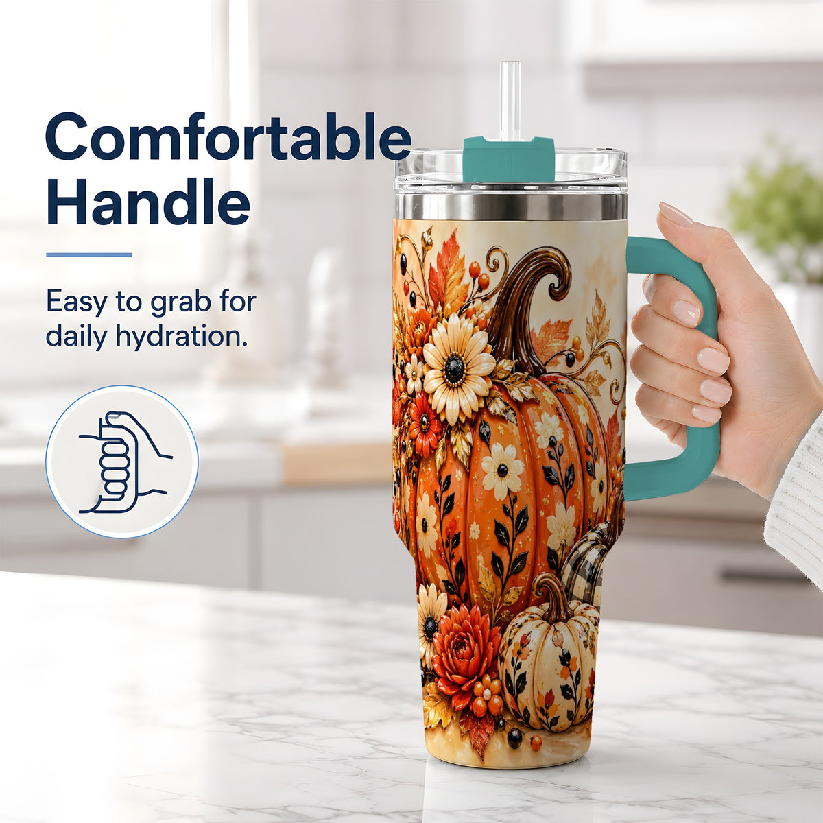 #pl[40oz|Green] Autumn Pumpkin Floral 40oz Tumbler, Stainless Steel Drinkware