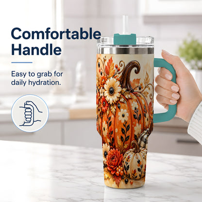 #pl[40oz|Green] Autumn Pumpkin Floral 40oz Tumbler, Stainless Steel Drinkware