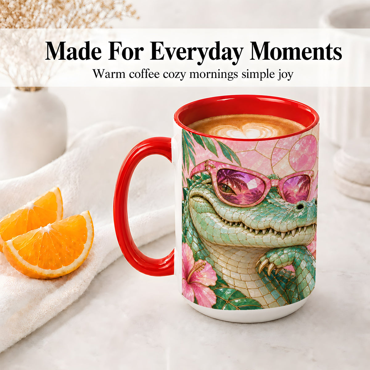 #pl[15oz|Red] Sunglasses Alligator Accent Mug, Tropical Ceramic Drinkware