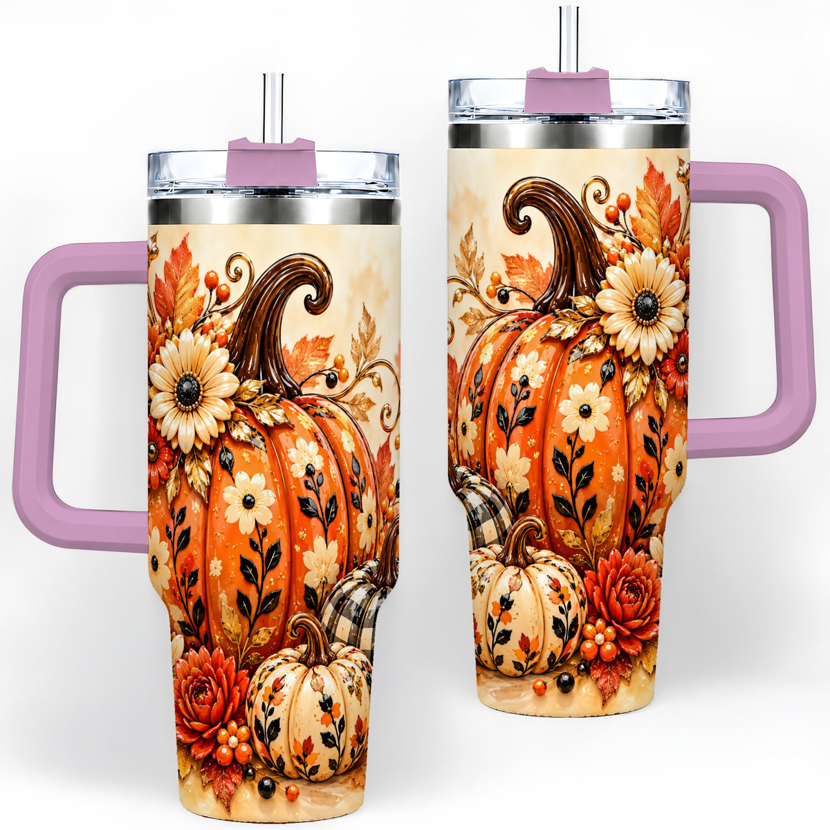 #pl[40oz|Pink] Autumn Pumpkin Floral 40oz Tumbler, Stainless Steel Drinkware