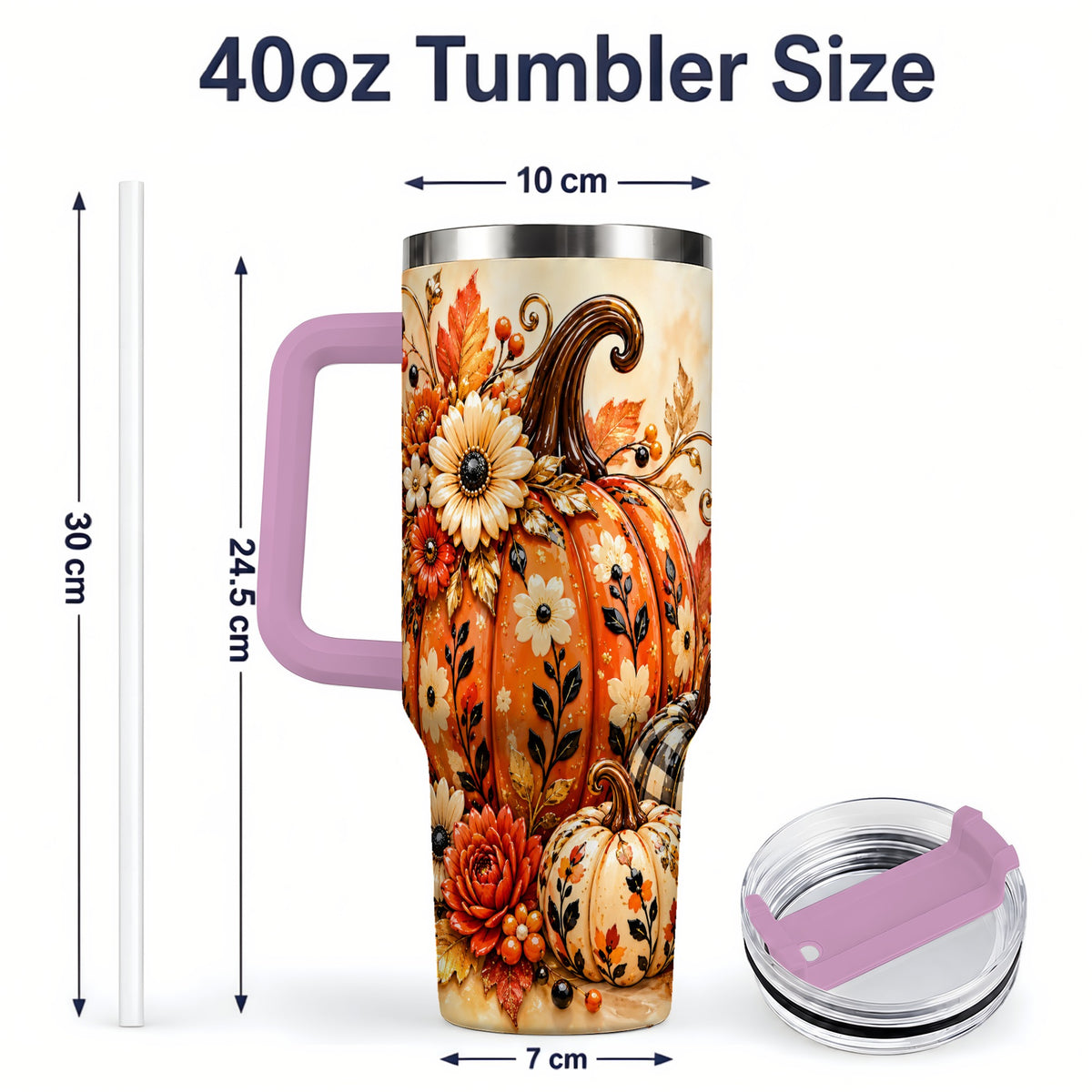 #pl[40oz|Pink] Autumn Pumpkin Floral 40oz Tumbler, Stainless Steel Drinkware