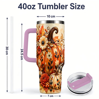 #pl[40oz|Pink] Autumn Pumpkin Floral 40oz Tumbler, Stainless Steel Drinkware