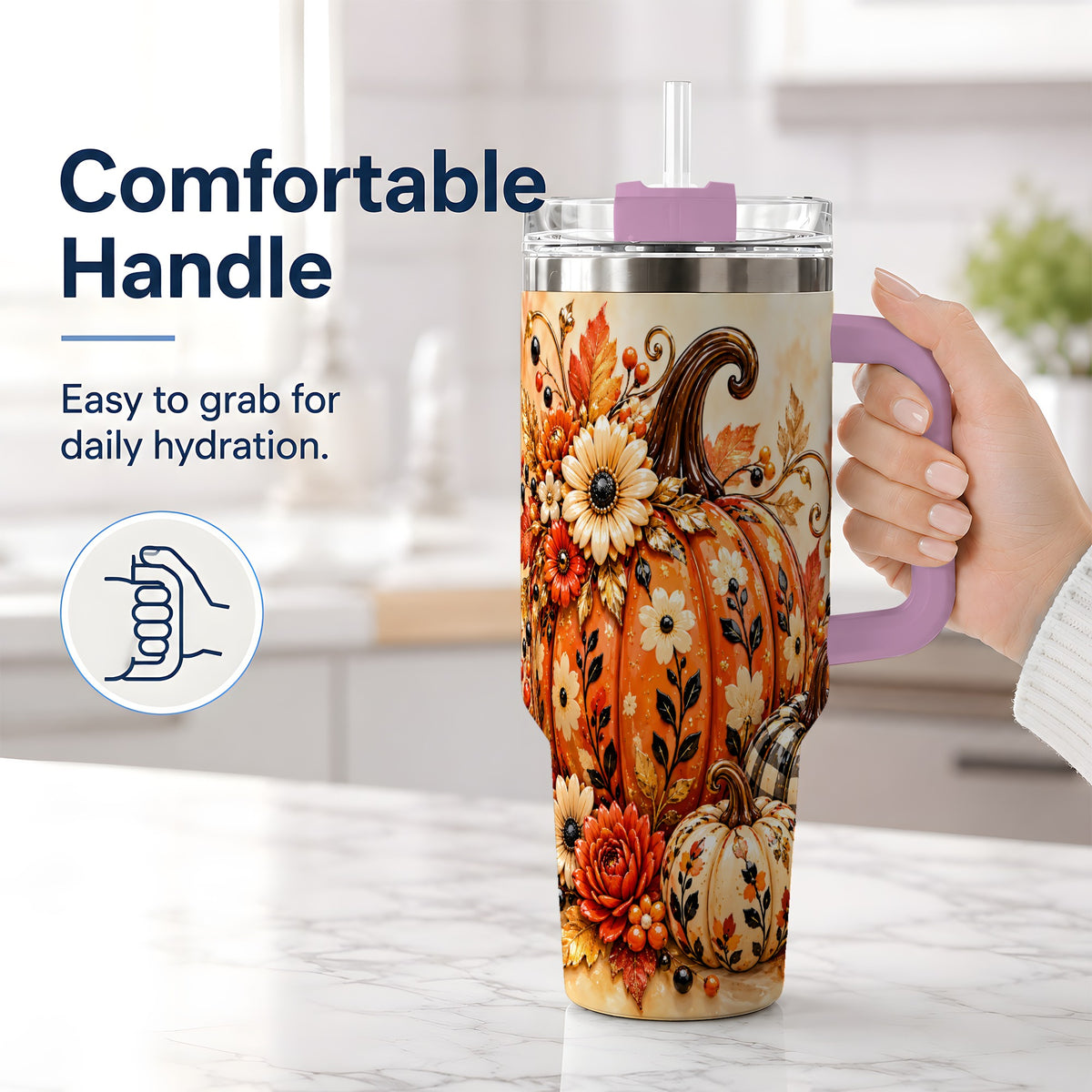 #pl[40oz|Pink] Autumn Pumpkin Floral 40oz Tumbler, Stainless Steel Drinkware