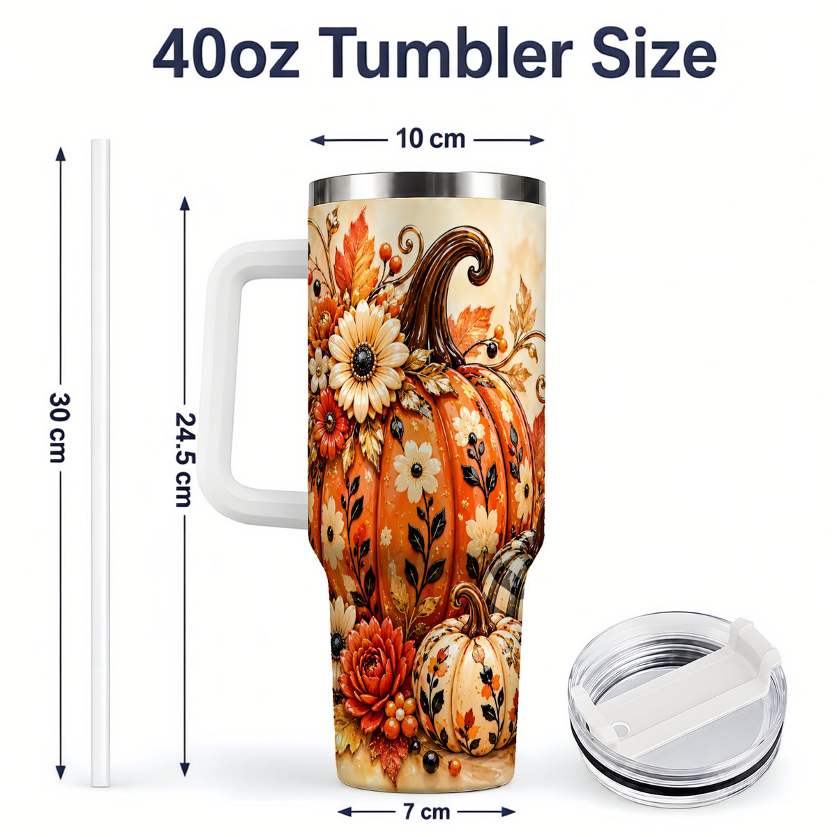 #pl[40oz|White] Autumn Pumpkin Floral 40oz Tumbler, Stainless Steel Drinkware