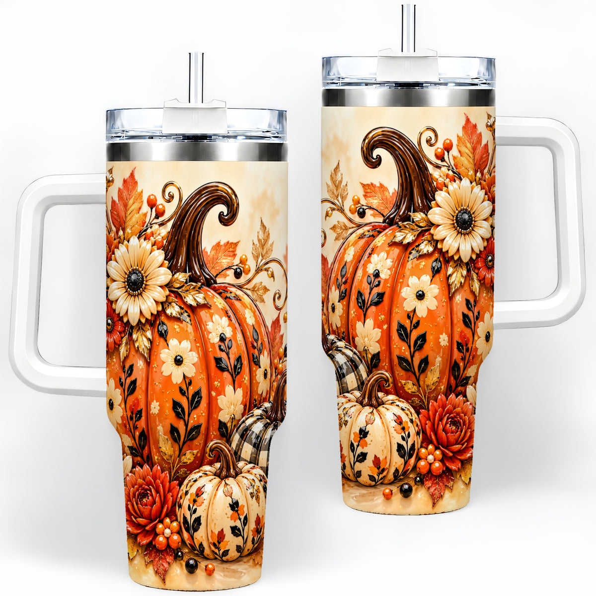 Autumn Pumpkin Floral 40oz Tumbler, Stainless Steel Drinkware