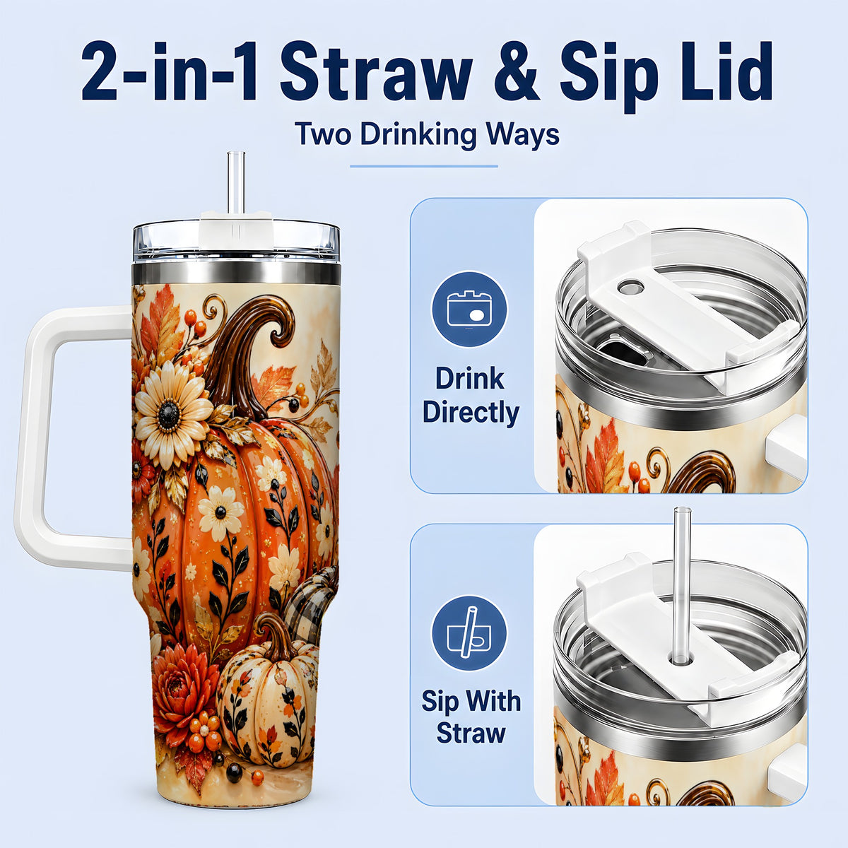#pl[40oz|White] Autumn Pumpkin Floral 40oz Tumbler, Stainless Steel Drinkware