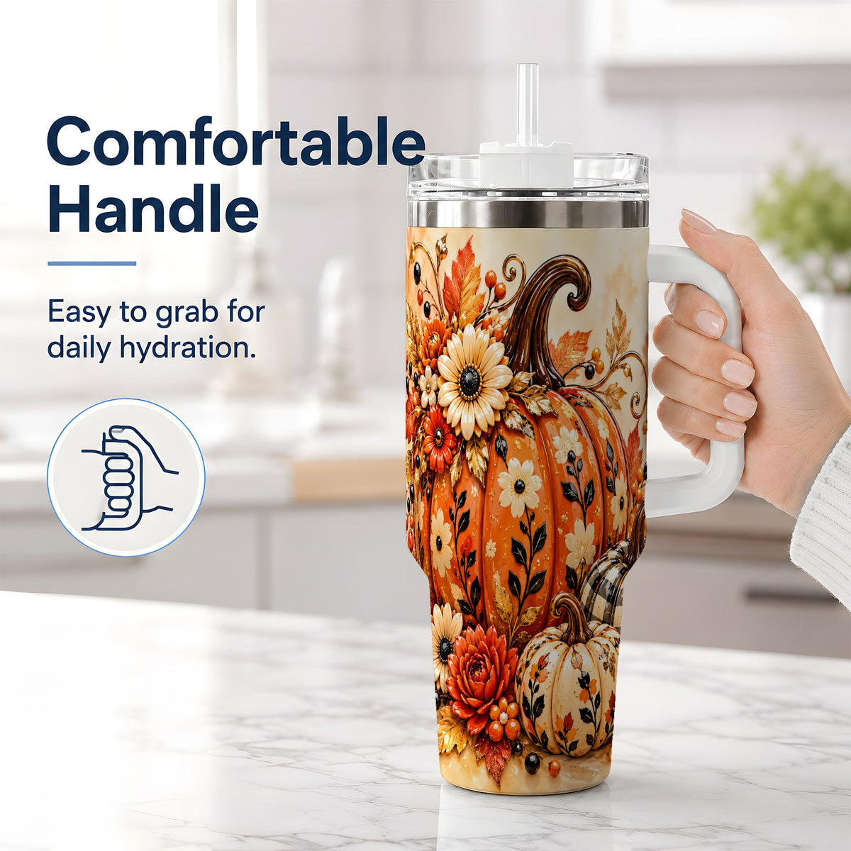 #pl[40oz|White] Autumn Pumpkin Floral 40oz Tumbler, Stainless Steel Drinkware