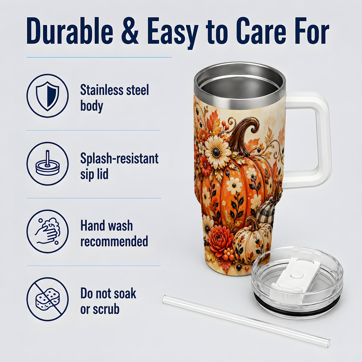 Autumn Pumpkin Floral 40oz Tumbler, Stainless Steel Drinkware