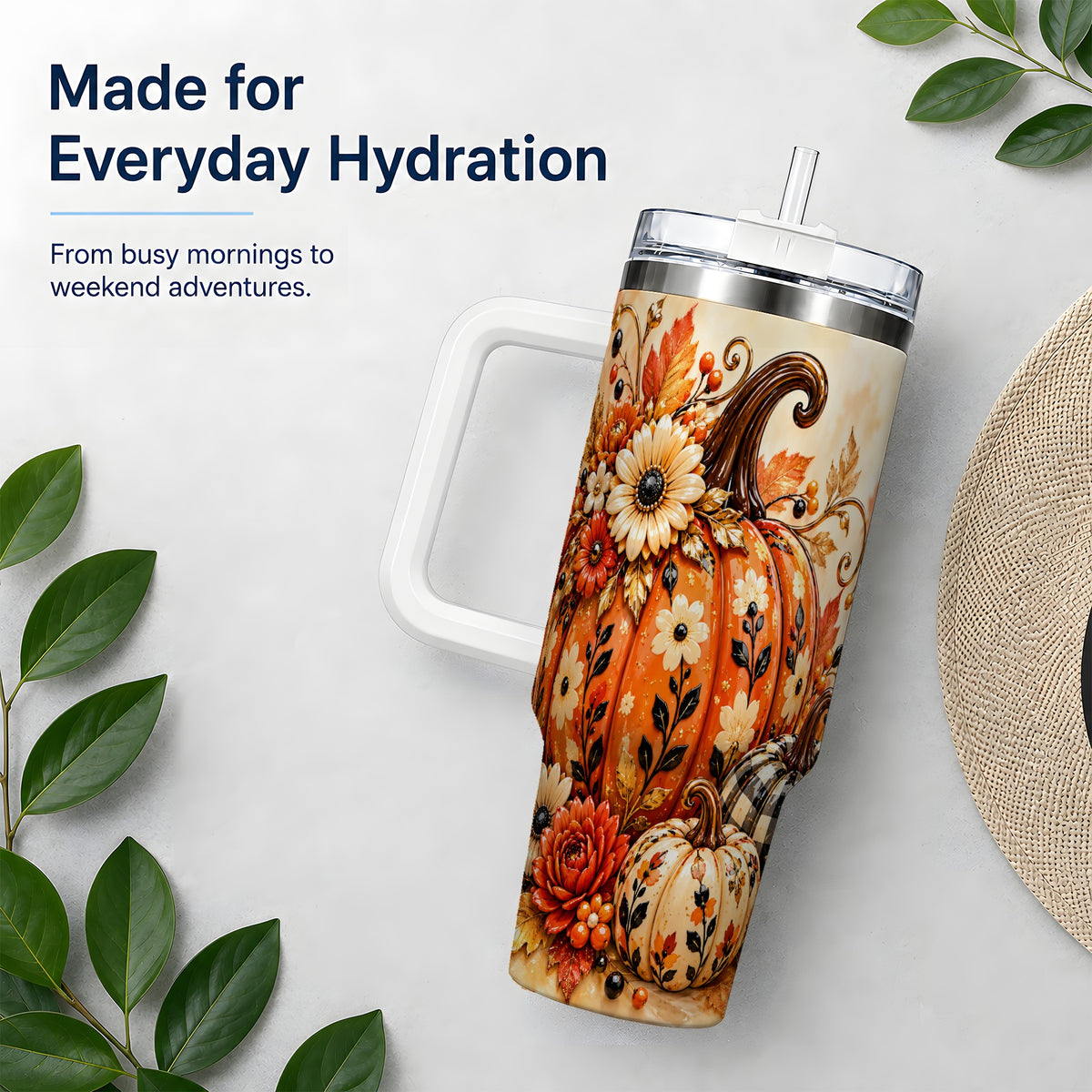 Autumn Pumpkin Floral 40oz Tumbler, Stainless Steel Drinkware