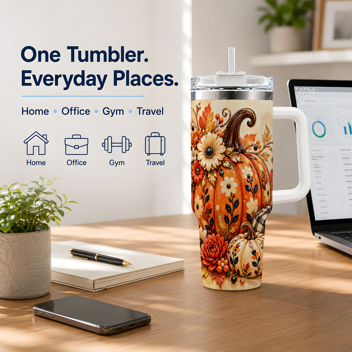 Autumn Pumpkin Floral 40oz Tumbler, Stainless Steel Drinkware