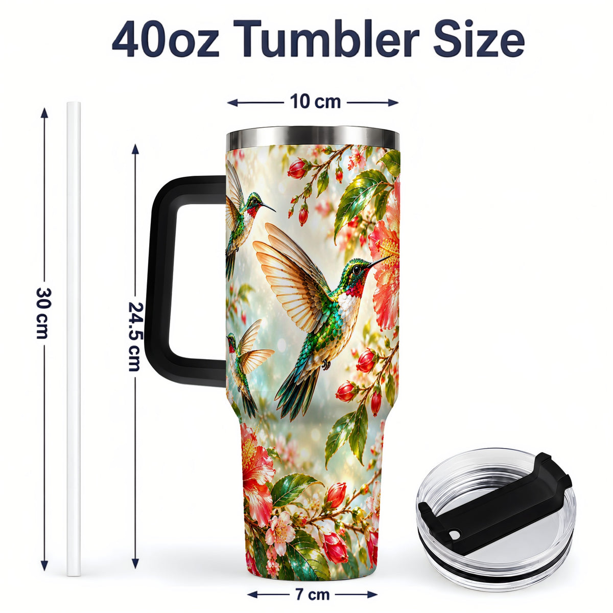 #pl[40oz|Black] Hummingbird Hibiscus 40oz Tumbler, Stainless Steel Drinkware