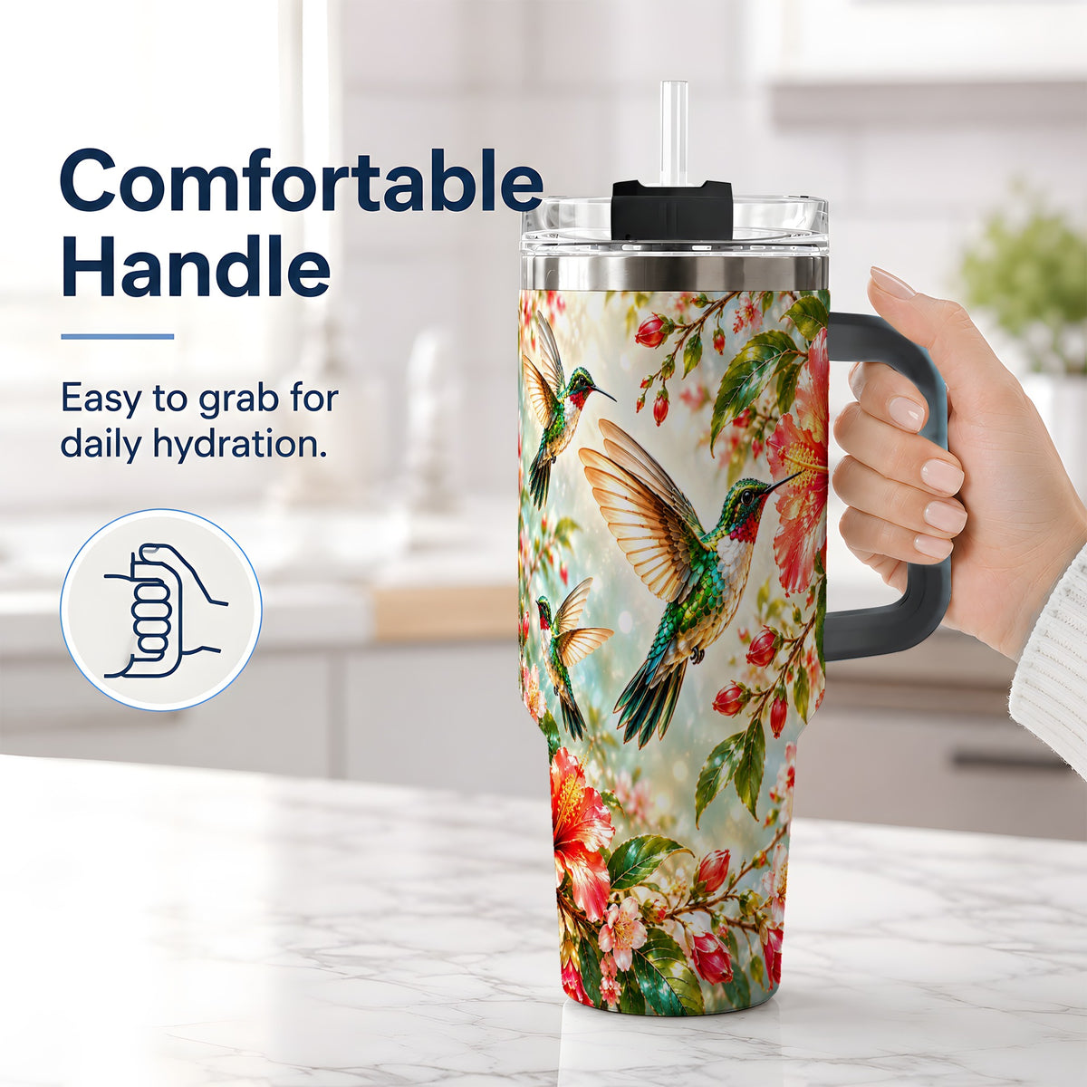 #pl[40oz|Black] Hummingbird Hibiscus 40oz Tumbler, Stainless Steel Drinkware