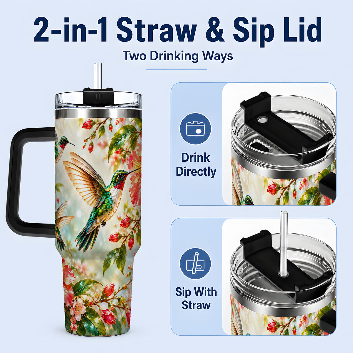 #pl[40oz|Black] Hummingbird Hibiscus 40oz Tumbler, Stainless Steel Drinkware