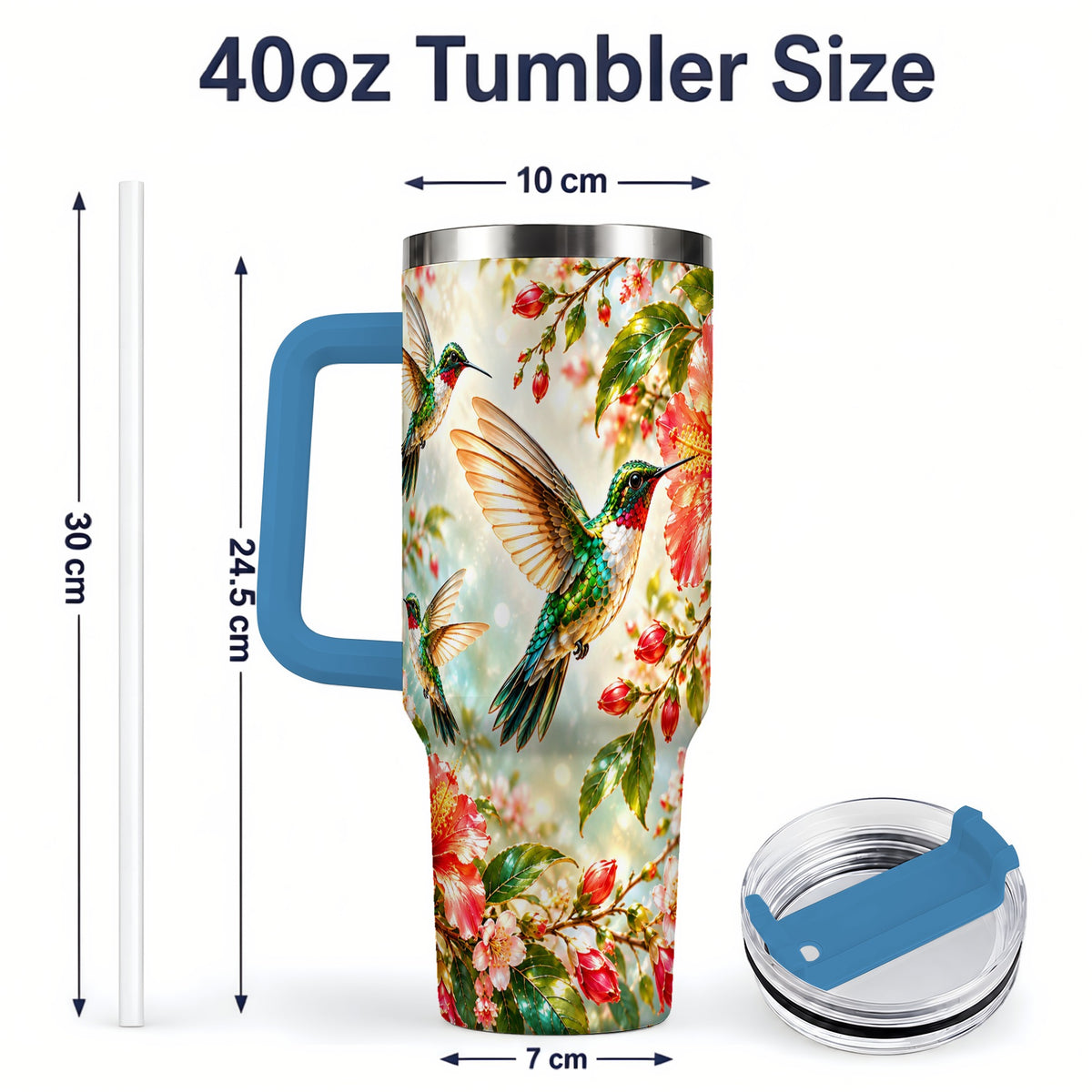 #pl[40oz|Blue] Hummingbird Hibiscus 40oz Tumbler, Stainless Steel Drinkware