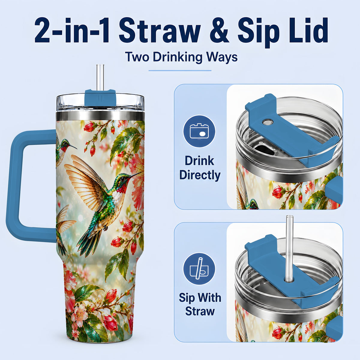 #pl[40oz|Blue] Hummingbird Hibiscus 40oz Tumbler, Stainless Steel Drinkware
