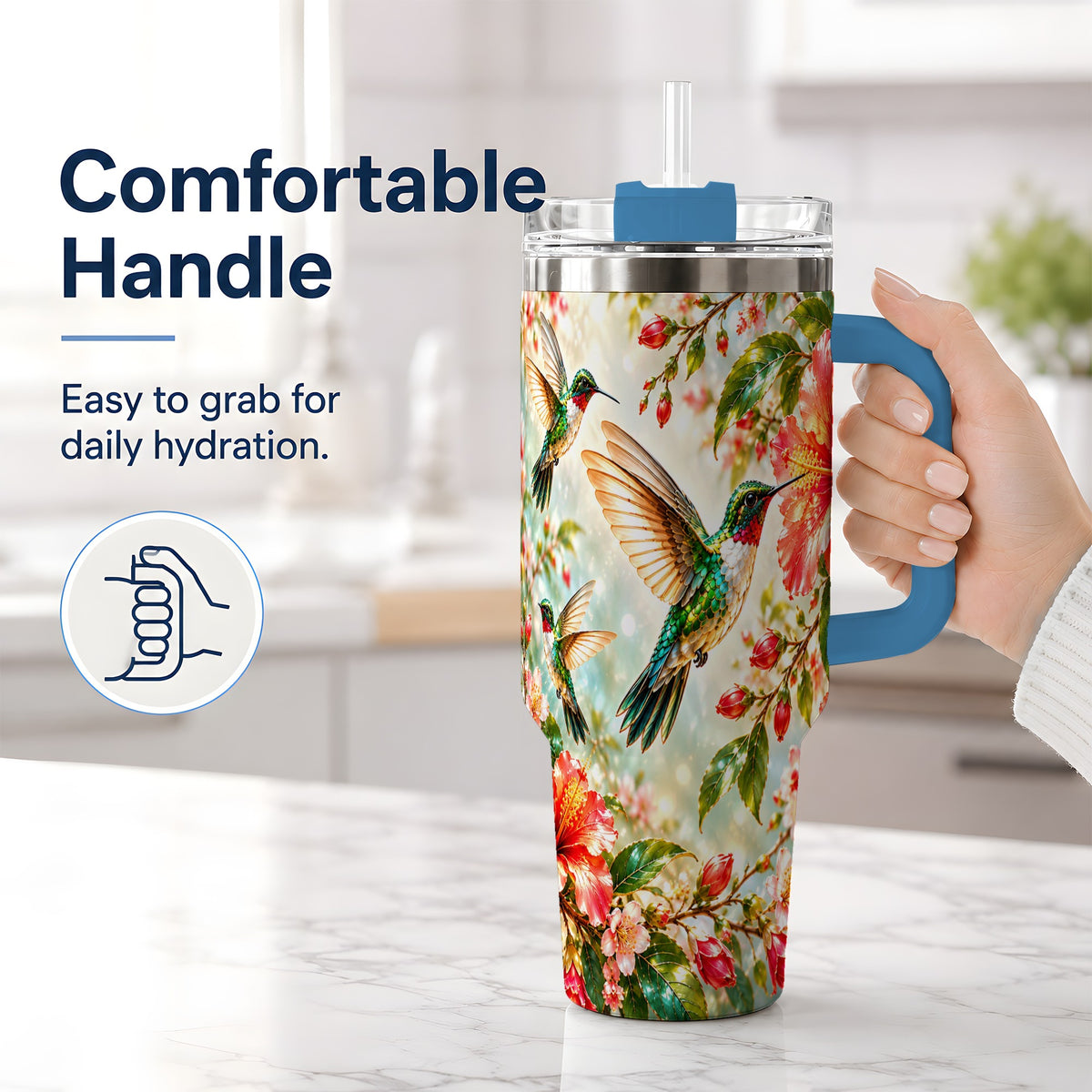 #pl[40oz|Blue] Hummingbird Hibiscus 40oz Tumbler, Stainless Steel Drinkware