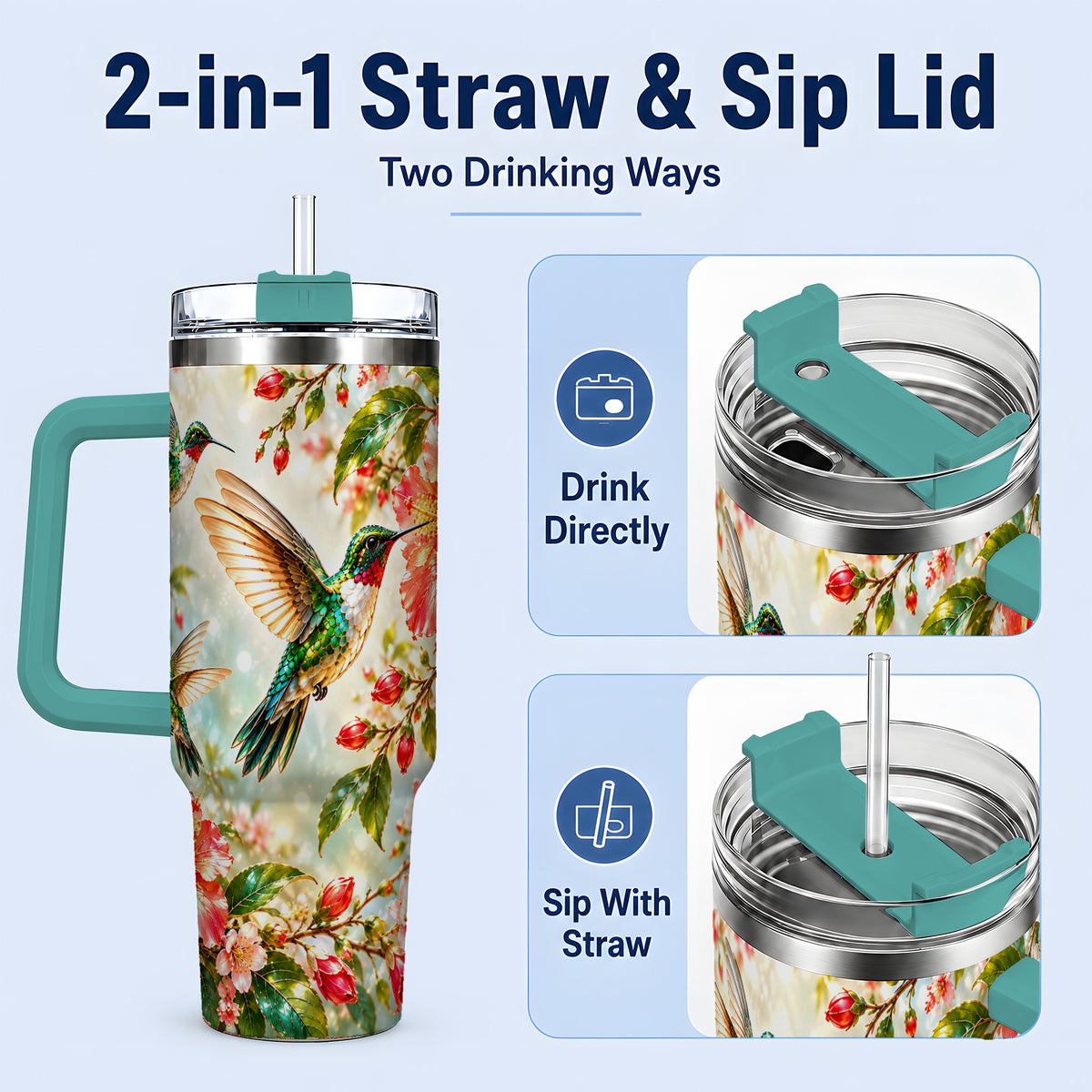 #pl[40oz|Green] Hummingbird Hibiscus 40oz Tumbler, Stainless Steel Drinkware