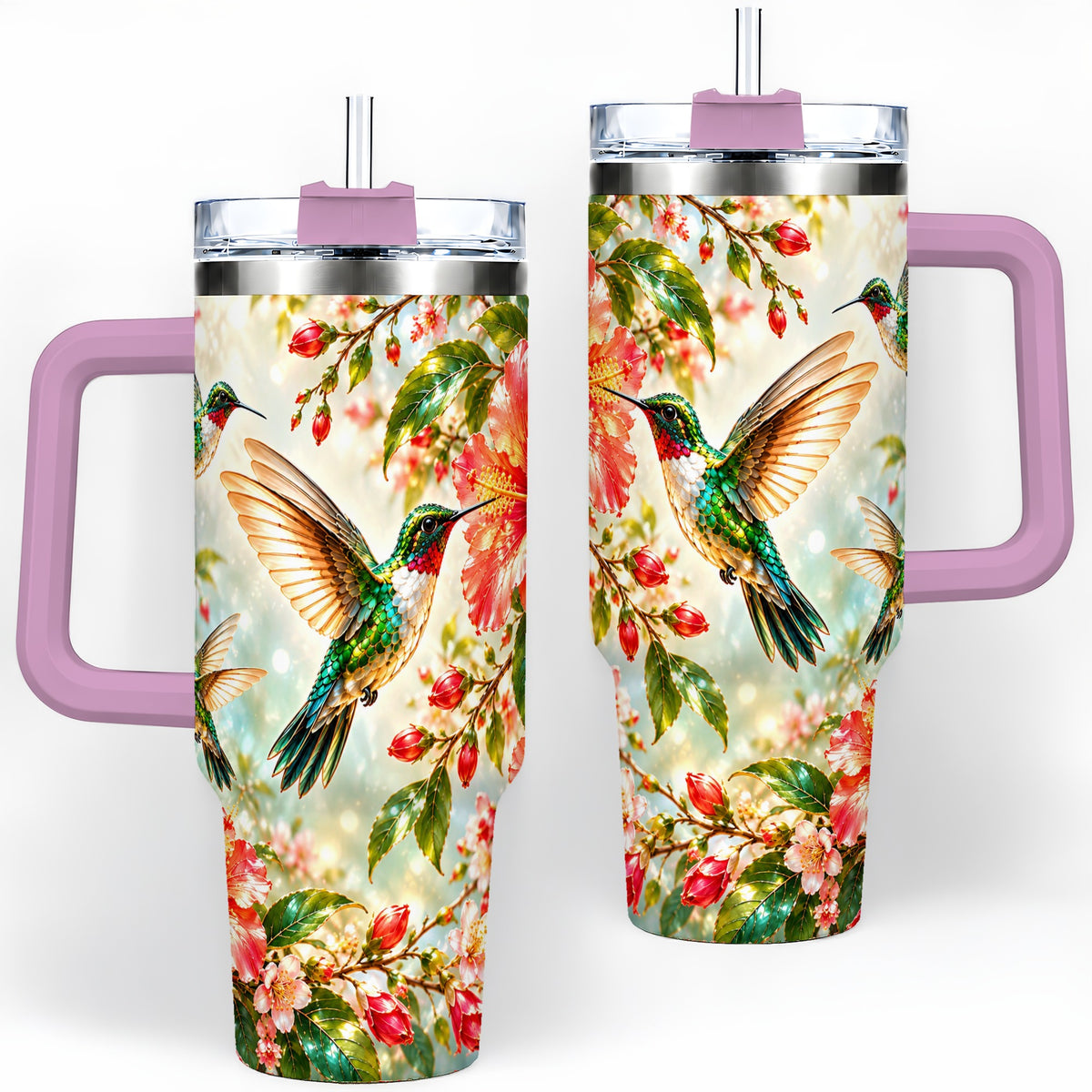 #pl[40oz|Pink] Hummingbird Hibiscus 40oz Tumbler, Stainless Steel Drinkware