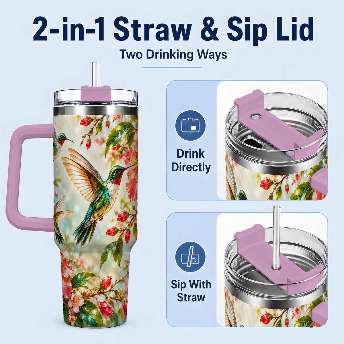 #pl[40oz|Pink] Hummingbird Hibiscus 40oz Tumbler, Stainless Steel Drinkware
