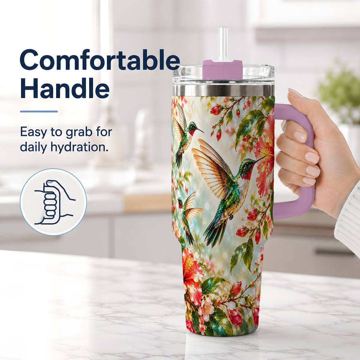 #pl[40oz|Pink] Hummingbird Hibiscus 40oz Tumbler, Stainless Steel Drinkware