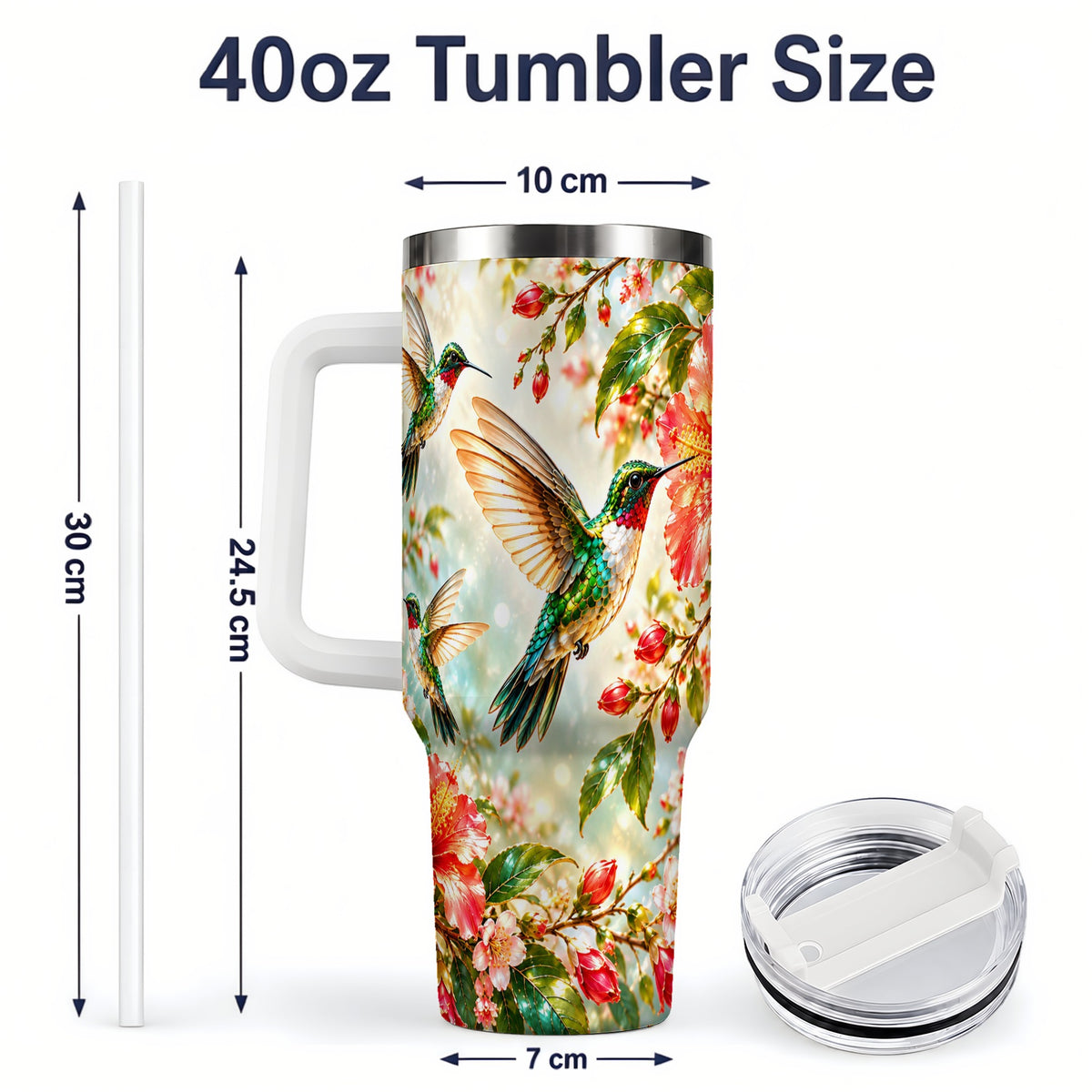 #pl[40oz|White] Hummingbird Hibiscus 40oz Tumbler, Stainless Steel Drinkware