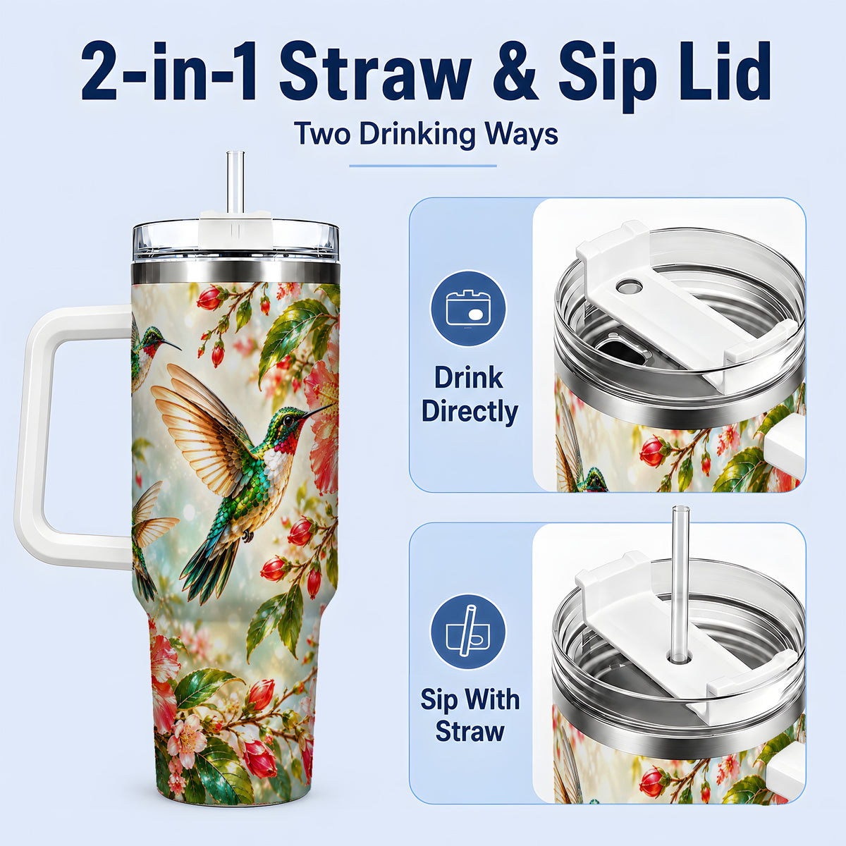 #pl[40oz|White] Hummingbird Hibiscus 40oz Tumbler, Stainless Steel Drinkware