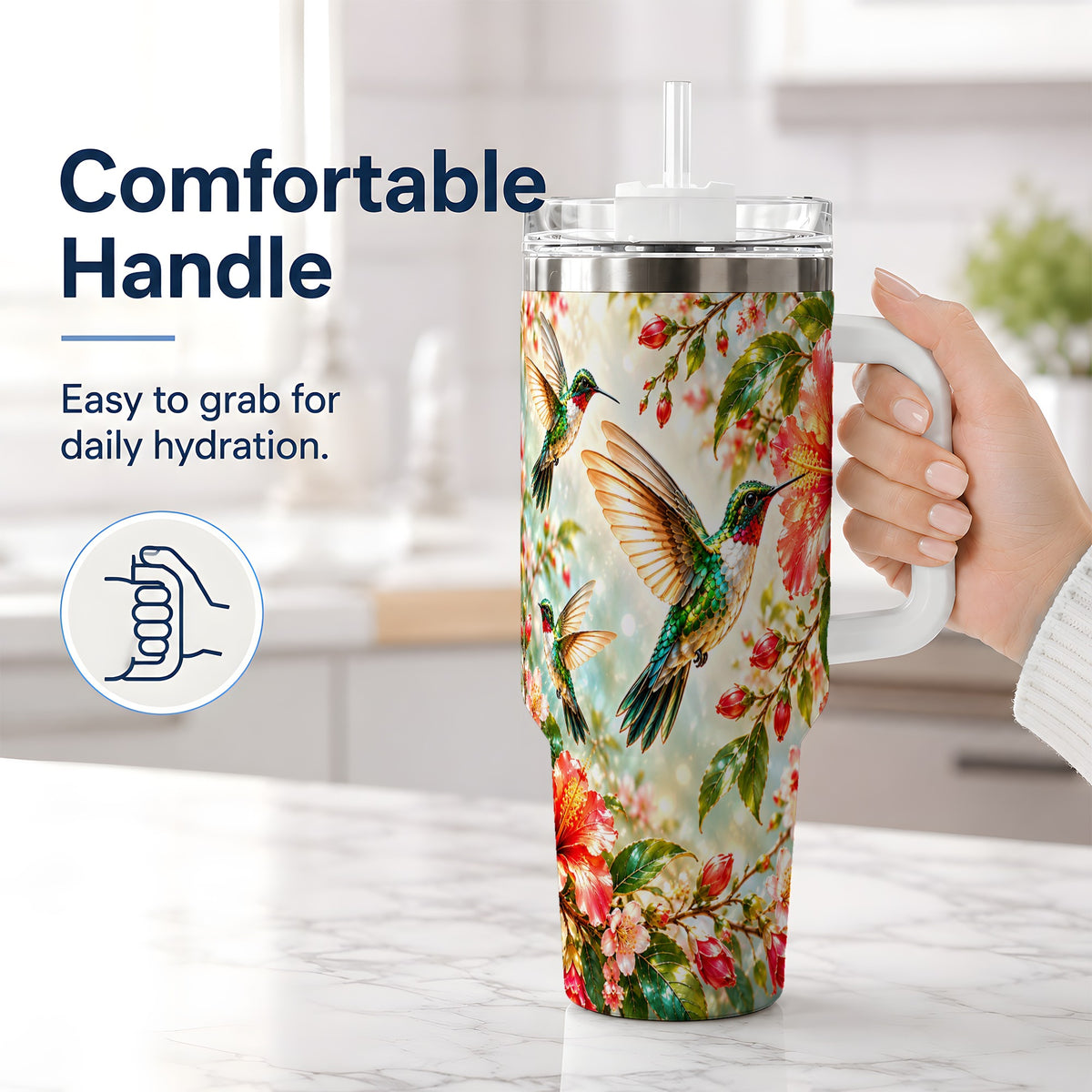 #pl[40oz|White] Hummingbird Hibiscus 40oz Tumbler, Stainless Steel Drinkware
