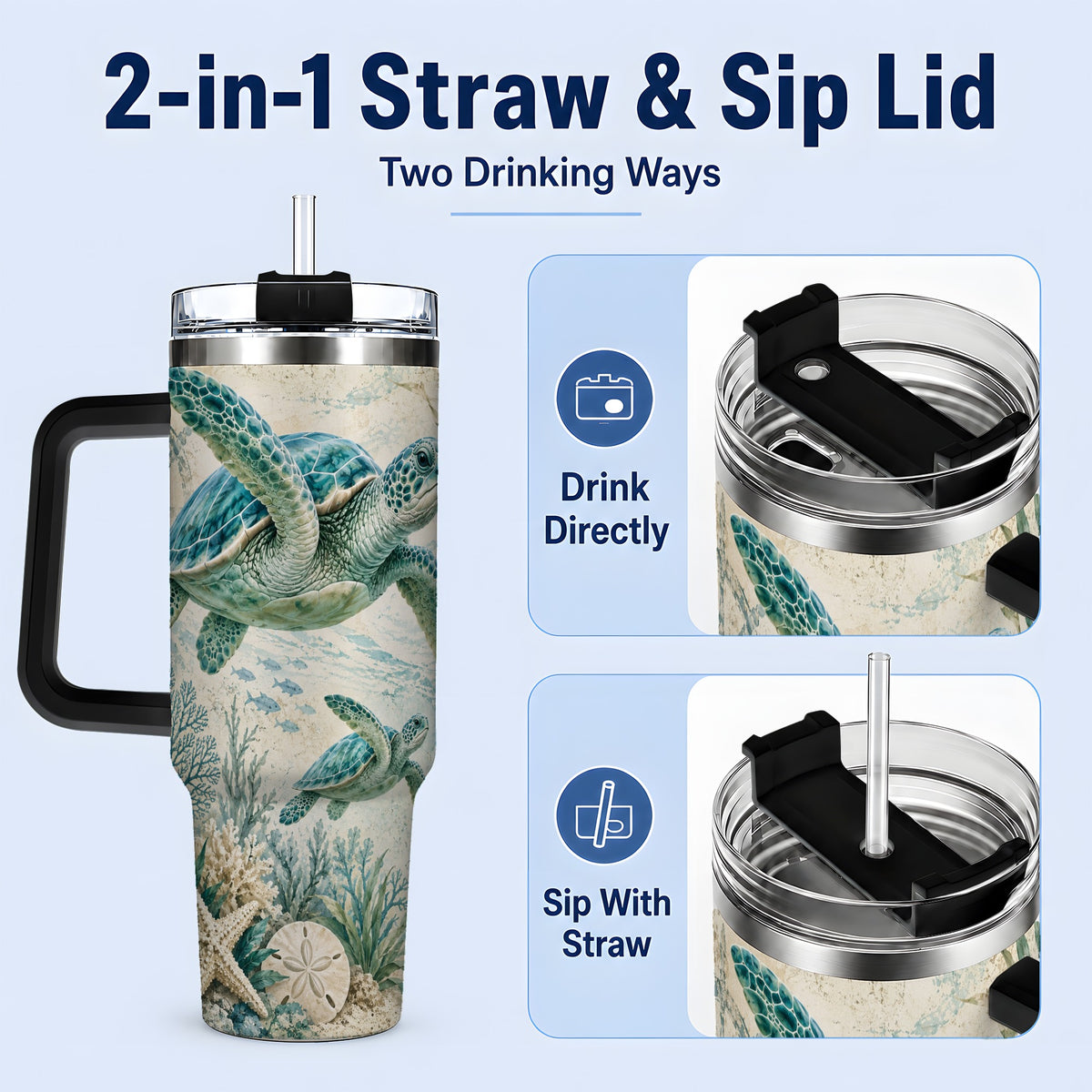 #pl[40oz|Black] Sea Turtle Coastal 40oz Tumbler, Stainless Steel Drinkware