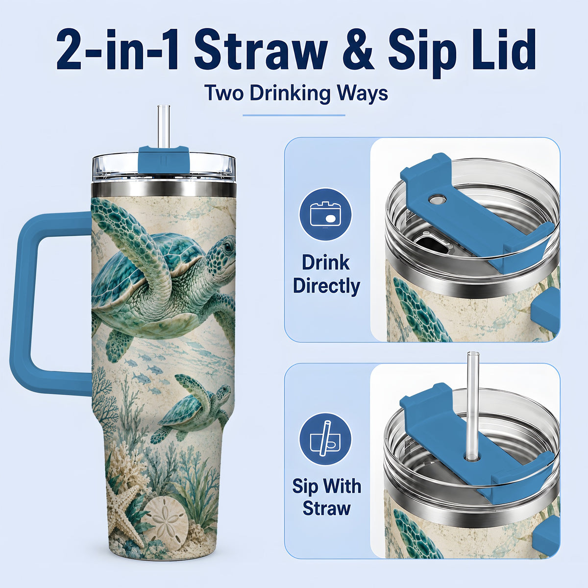 #pl[40oz|Blue] Sea Turtle Coastal 40oz Tumbler, Stainless Steel Drinkware