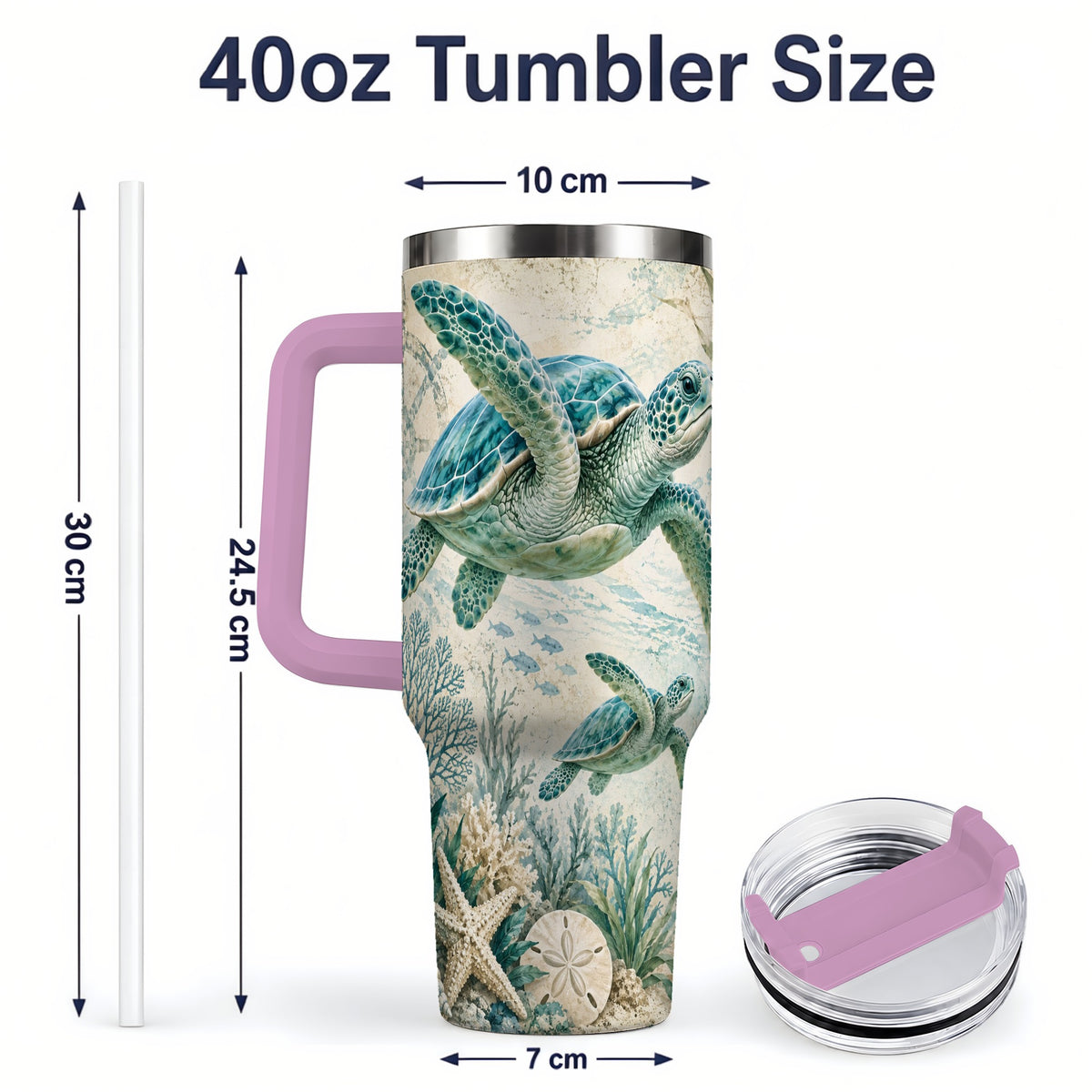 #pl[40oz|Pink] Sea Turtle Coastal 40oz Tumbler, Stainless Steel Drinkware