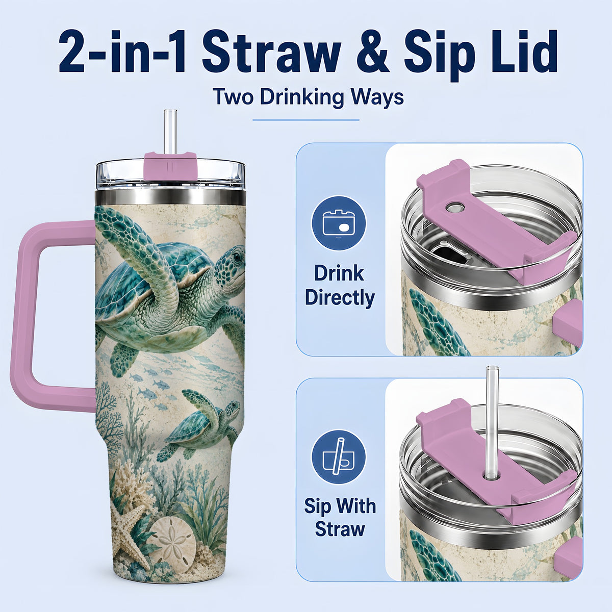 #pl[40oz|Pink] Sea Turtle Coastal 40oz Tumbler, Stainless Steel Drinkware