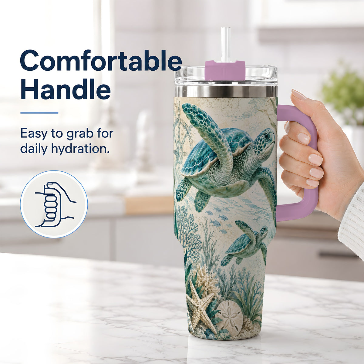 #pl[40oz|Pink] Sea Turtle Coastal 40oz Tumbler, Stainless Steel Drinkware