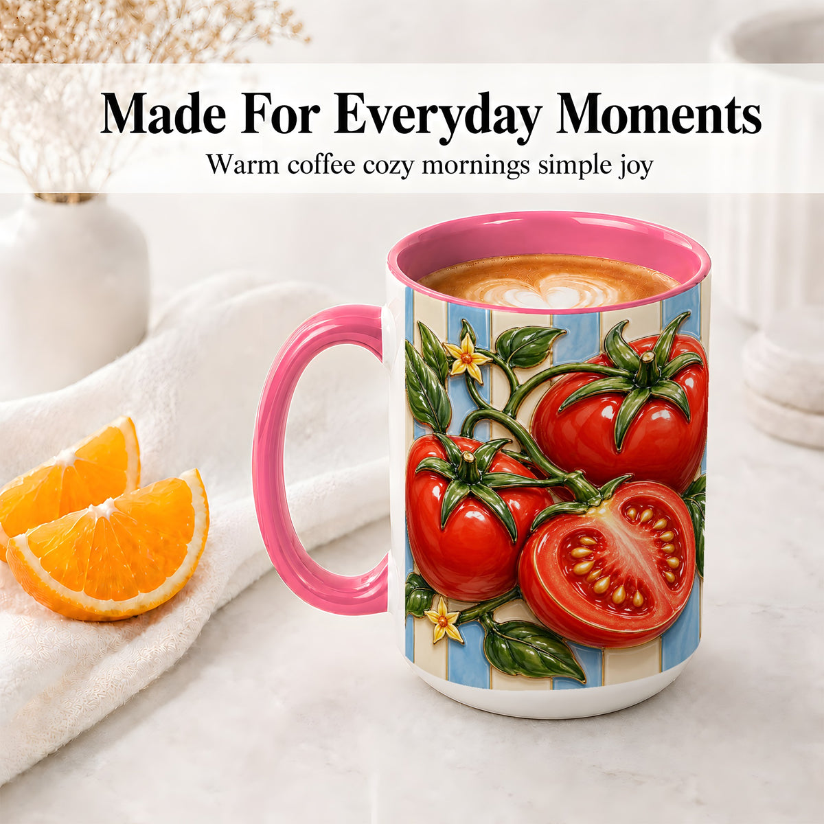 #pl[15oz|Pink] Tomato Garden Accent Mug, Ceramic Drinkware for Kitchen Decor Fans